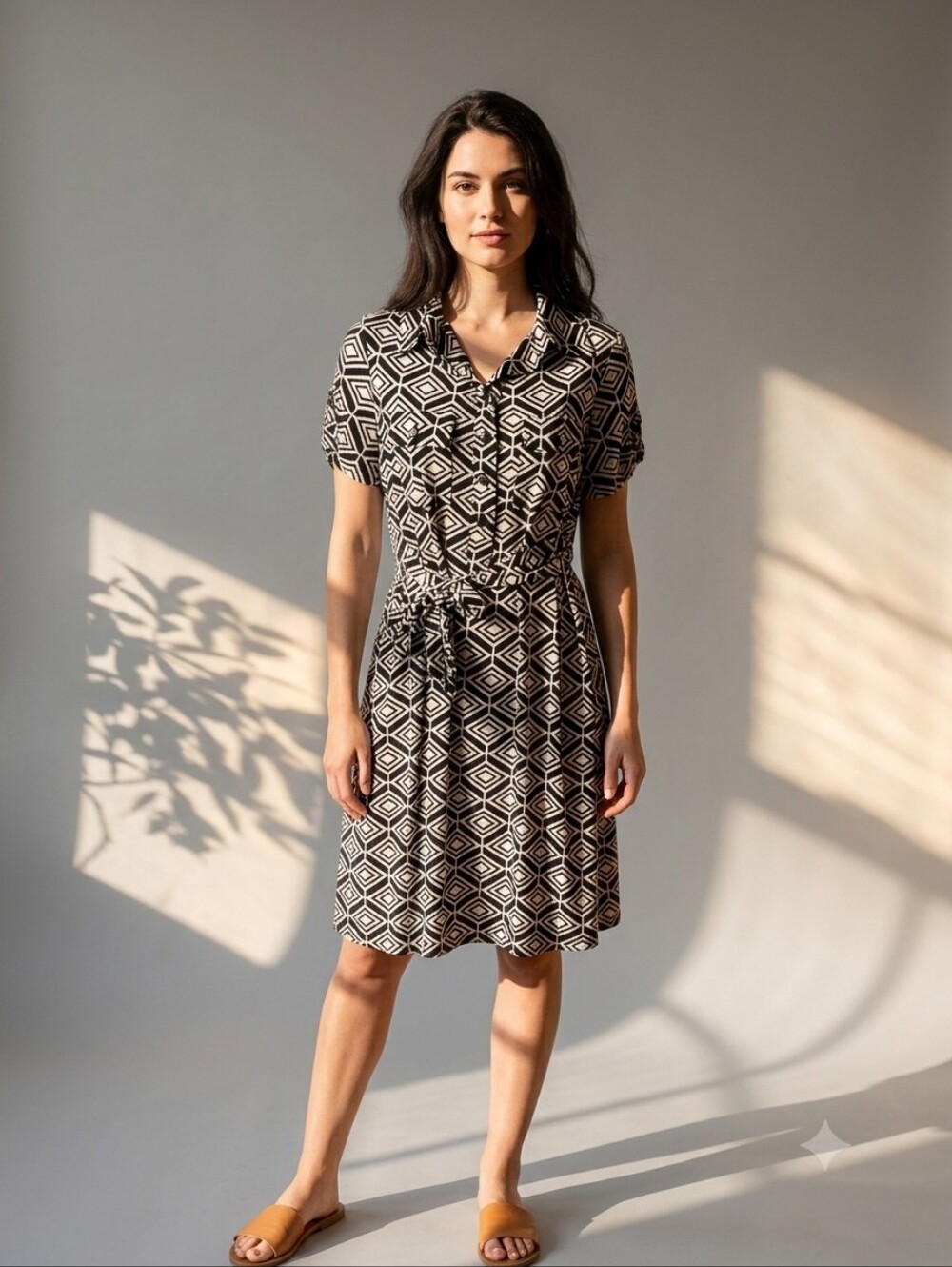 Valerie Bertinelli Black White Geometric Shirt Dress Belted Sz 8 Workwear Mod